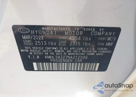 2022 Hyundai Sonata Limited from USA, damaged, VIN KMHL34J27NA212399